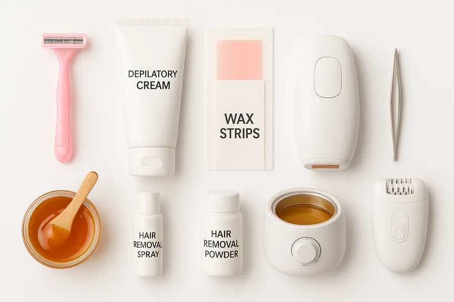 Comparison of different hair removal methods including razors, creams, waxing, and laser devices