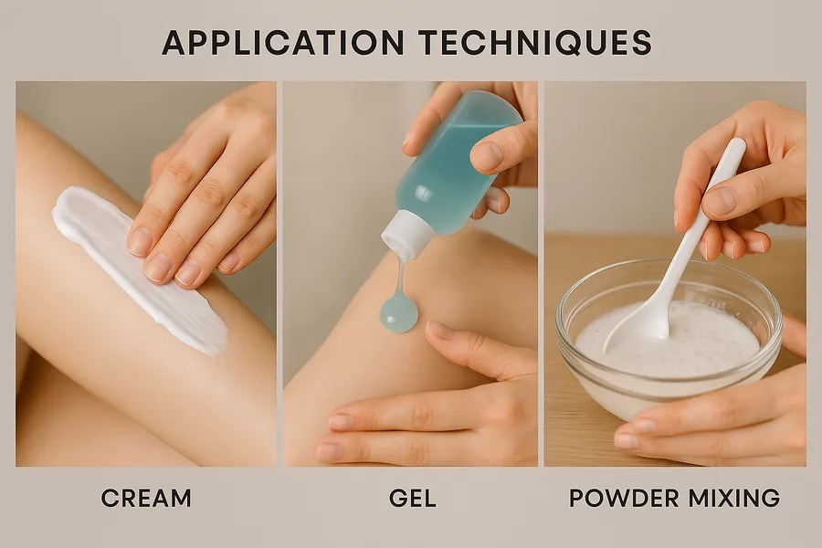 Demonstration of proper application techniques for different types of depilatory products