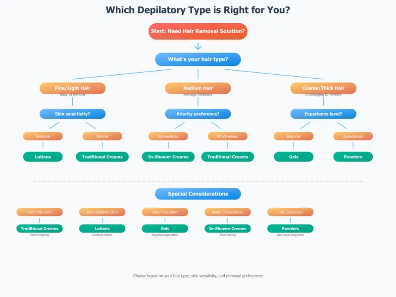 Flowchart guide for selecting the right type of depilatory product based on individual needs