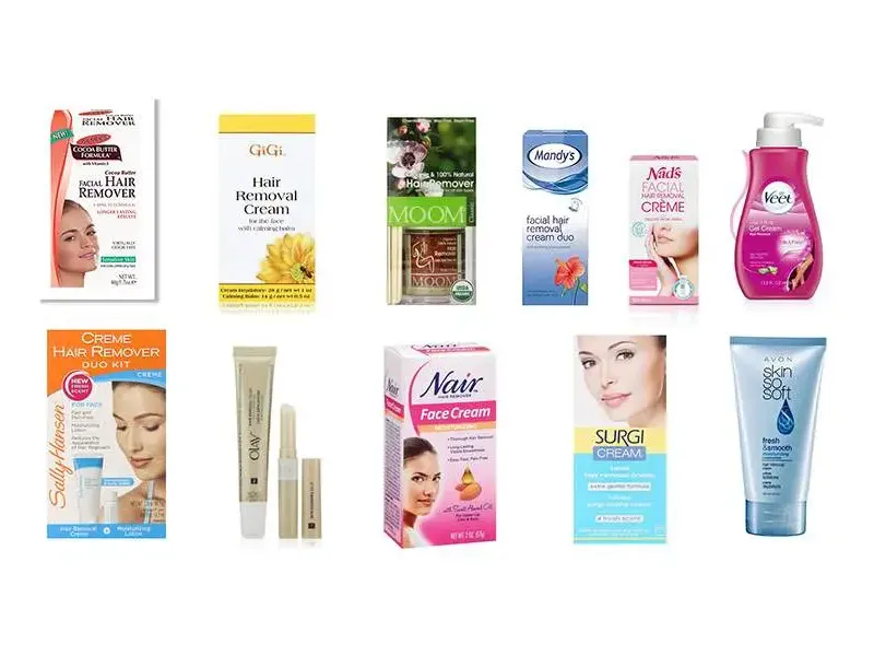 Different types of depilatory products including creams, gels, lotions, and powders