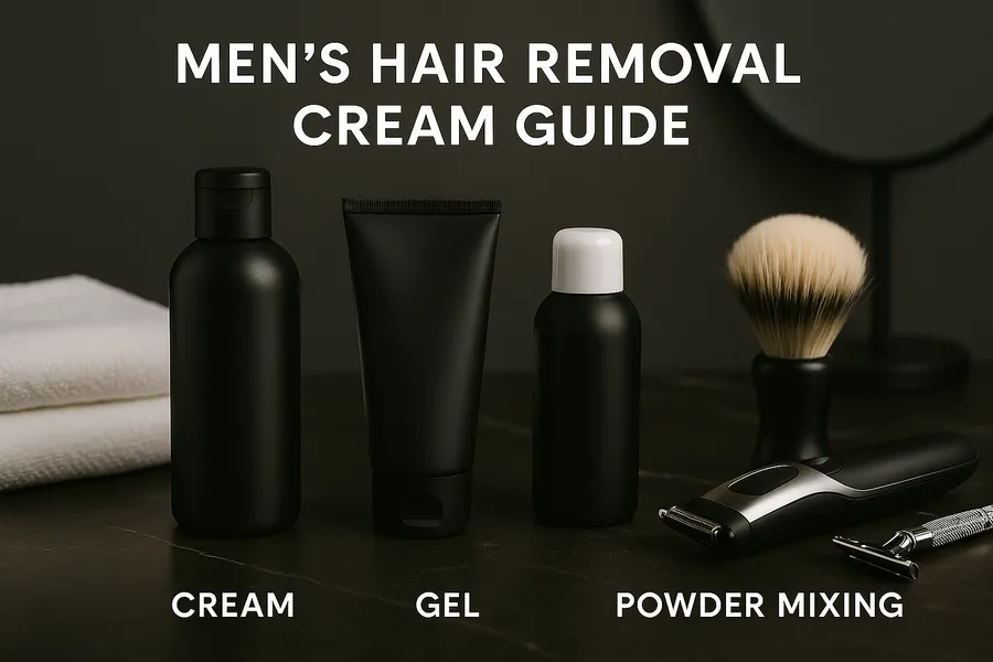 Professional men's hair removal creams and grooming supplies arranged on bathroom counter